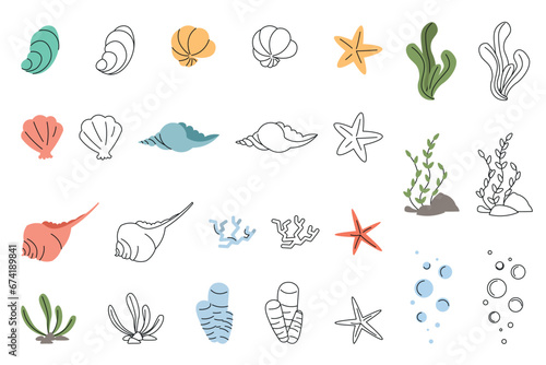 Seabed coloring book set, vector design for children's education, seahorse making air kiss. Coloring book pages for kids.