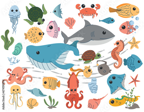 Set of cartoon sea, underwater life, sea animals, turtles. Set of illustrations of ocean wildlife, underwater animals, sharks, whales, octopuses and fish. Flat illustration with line elements