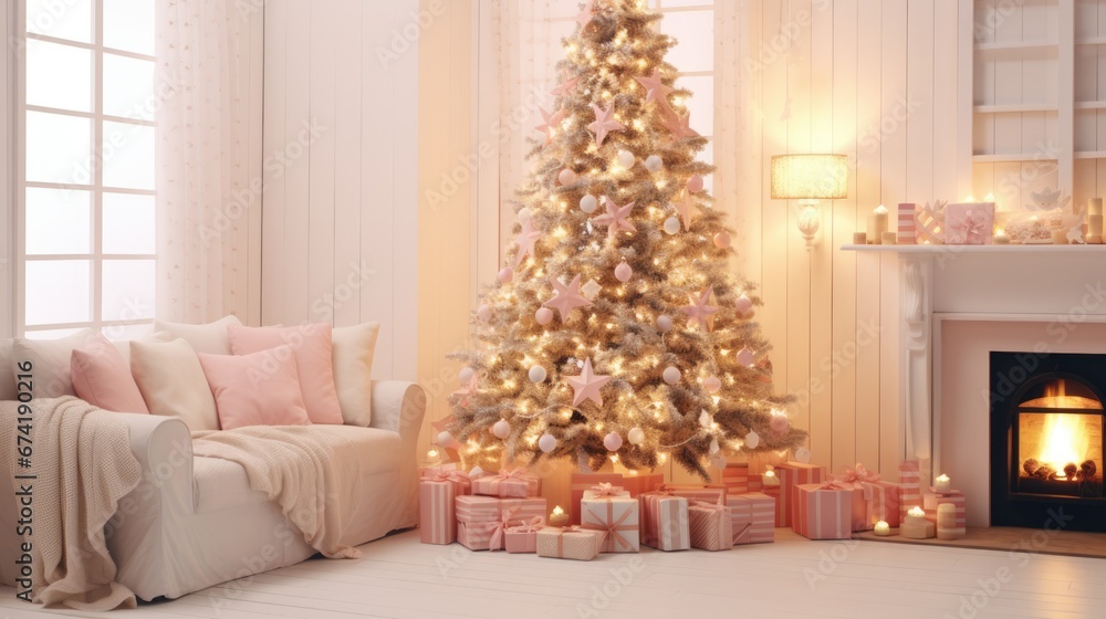Christmas tree in the room on the background of the fireplace Christmas tree in the room on the background of the fireplace
