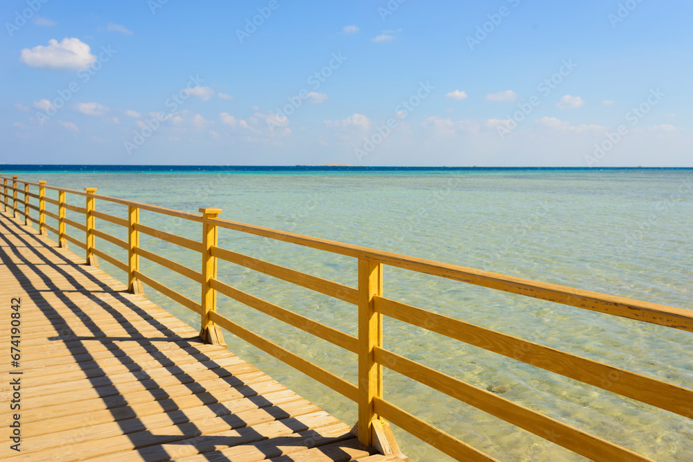 panorama of Sahl Hasheesh in Egypt for summer background with sea, beach, sun and palm trees