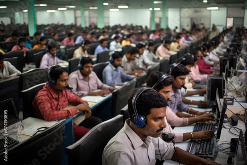 Men working at a call center in India photo