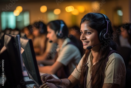 Indian woman working at a call center in India photo
