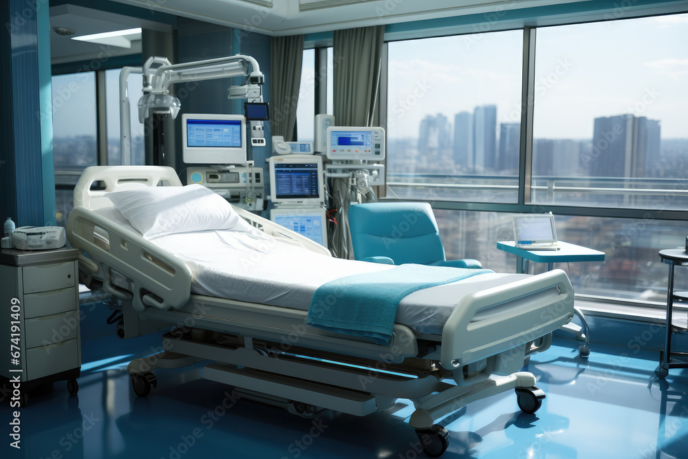 A modern hospital room with advanced medical equipment, emphasizing the role of technology in healthcare. Generative Ai. A modern hospital room with advanced medical equipment, emphasizing the role of technology in healthcare. Generative Ai.