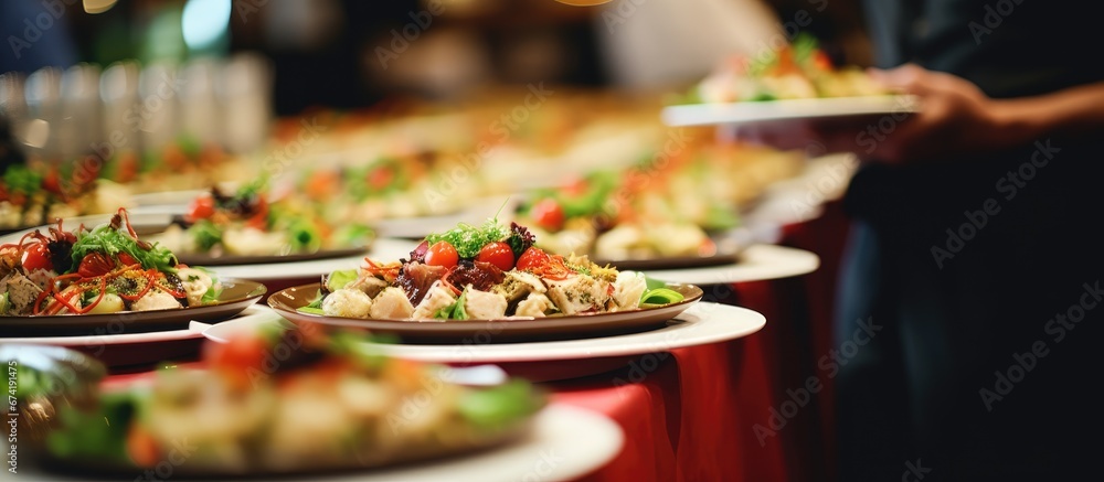 Obraz na płótnie Providing food for a business seminar conference can be done through a catering service or by arranging a buffet style party When capturing images intentionally blur the background to creat w salonie