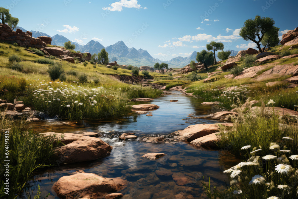 An arid landscape transformed into a lush, green oasis through sustainable land restoration, illustrating the potential for ecosystem regeneration. Generative Ai.