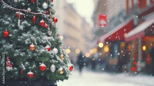 Winter city background with a decorated beautiful holiday tree. Christmas tree on a city street. Merry Christmas and Happy New Year © megavectors