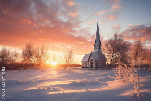 A serene snowy landscape with a solitary church steeple against the backdrop of a setting sun, symbolizing the peacefulness and reflection of Christmas. Generative Ai.
