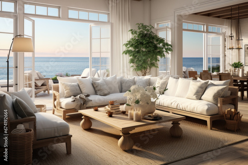 Interior design of a coastal-style home's modern living room, exuding a sense of seaside comfort and charm. Generative Ai.