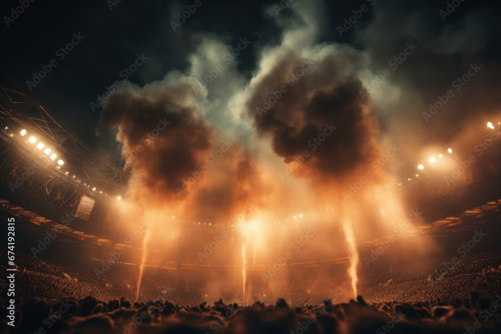 The brightness of stadium arena lights and the ethereal quality of smoke creating an ambiance of excitement and anticipation. Generative Ai.
