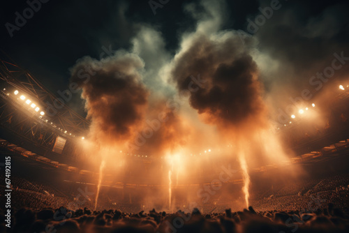 The brightness of stadium arena lights and the ethereal quality of smoke creating an ambiance of excitement and anticipation. Generative Ai.