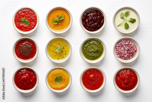 A group of bowls filled with different types of sauces, including a red sauce, a green sauce, and a yellow sauce. The sauces are arranged in a grid on a white background