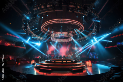 Stage production set with a circular light truss in a live venue, reflecting the world of entertainment and live music performances. Generative Ai. #674193072