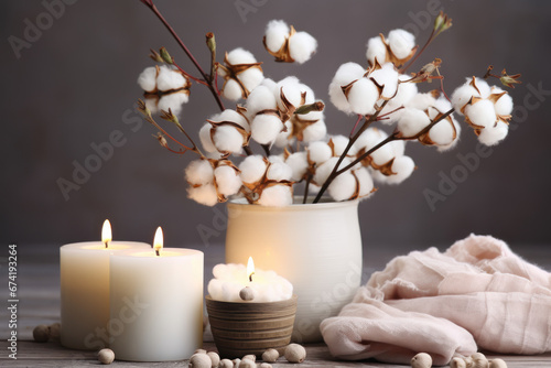 Stylish table arrangement featuring cotton flowers and aromatic candles against a well-lit wall, serving as an ideal backdrop for design purposes. Generative Ai.