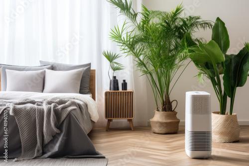 A white modern air purifier and dehumidifier set in a beige-brown wall bedroom, with gray bed linens and sunlight illuminating the tropical palm tree on a wood parquet floor. Generative Ai. photo