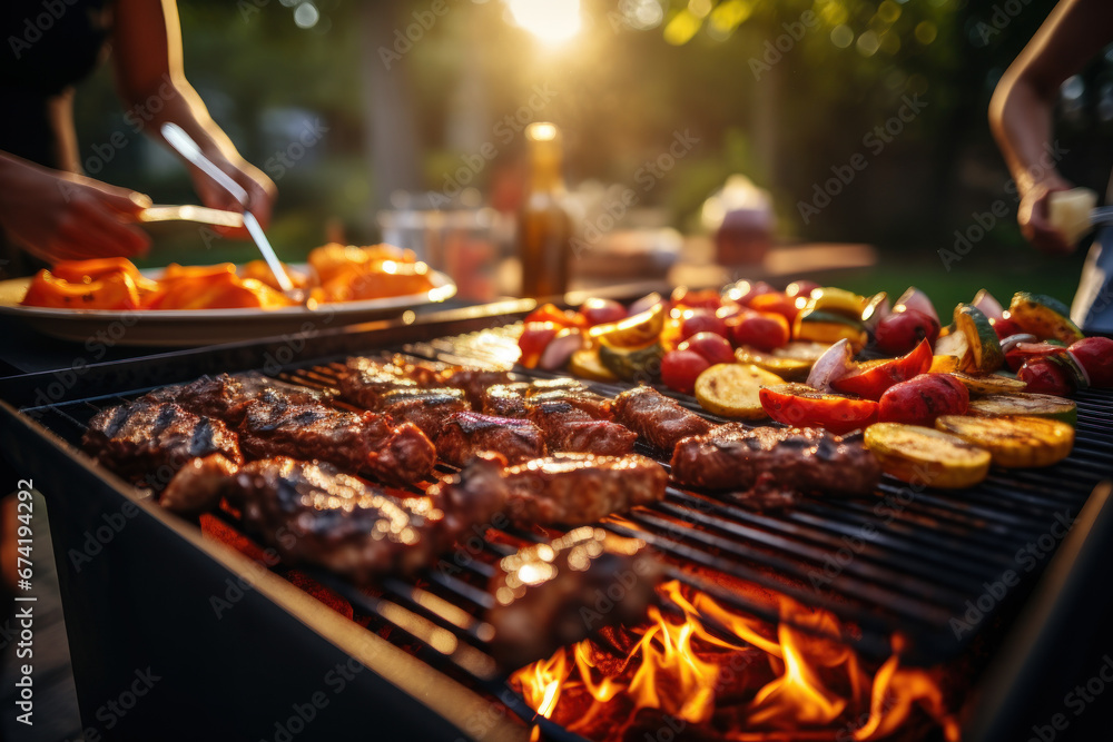 A joyful Labor Day celebration with friends grilling meat on a barbecue. Generative Ai.