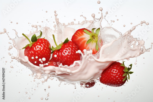 A vibrant display of milk or yogurt splashing alongside succulent strawberries, captured against a white background. Generative Ai.