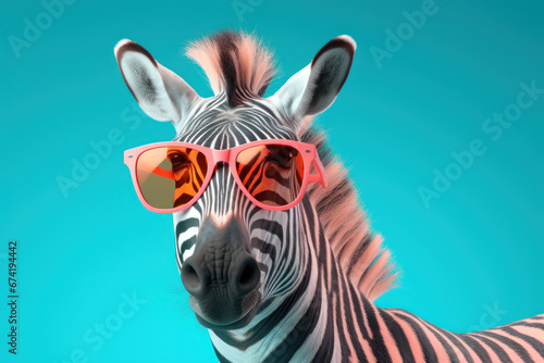 An imaginative representation of a zebra wearing sunglasses, presented on a solid pastel background, perfect for commercial and editorial advertisements. Generative Ai.