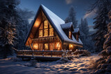 A cozy winter cabin nestled amidst a snow-covered forest, radiating warmth and comfort. Generative Ai.