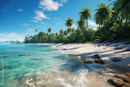 A pristine beach with crystal-clear waters  palm trees  and sunbathers  embodying the allure of tropical paradise. Generative Ai.