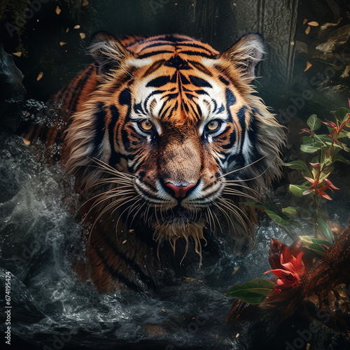 Image of a tiger in the forest with a scary atmosphere, Wildlife Animals.