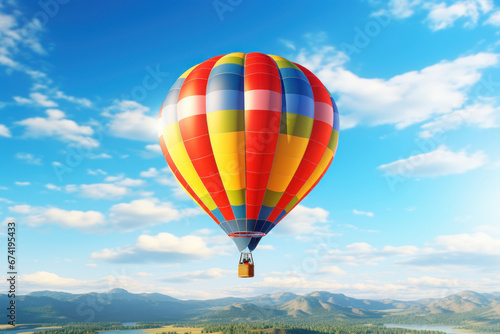 A close-up of a colorful hot air balloon floating gracefully against the backdrop of a clear, blue sky, reflecting the joy of ballooning. Generative Ai. © Sebastian