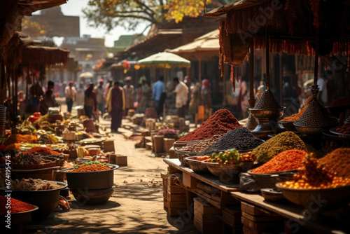 A bustling street market with vendors selling exotic spices, textiles, and crafts, immersing visitors in the vibrant culture of a foreign land. Generative Ai. photo