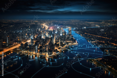 A captivating aerial view of a city skyline at night, illuminated by a web of dazzling lights. Generative Ai.