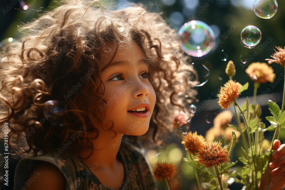 Fototapeta premium A young child blowing bubbles with sheer delight in a sunlit backyard, embodying the innocence of youth. Generative Ai.