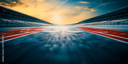 F1 race track circuit road with motion blur and grandstand stadium for Formula One racing photo