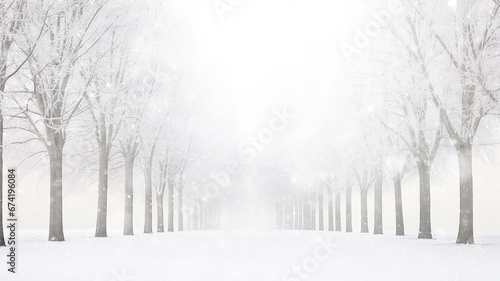 winter alley of trees, snowfall in the morning misty park, winter landscape, seasonal abstract blurred background copy space