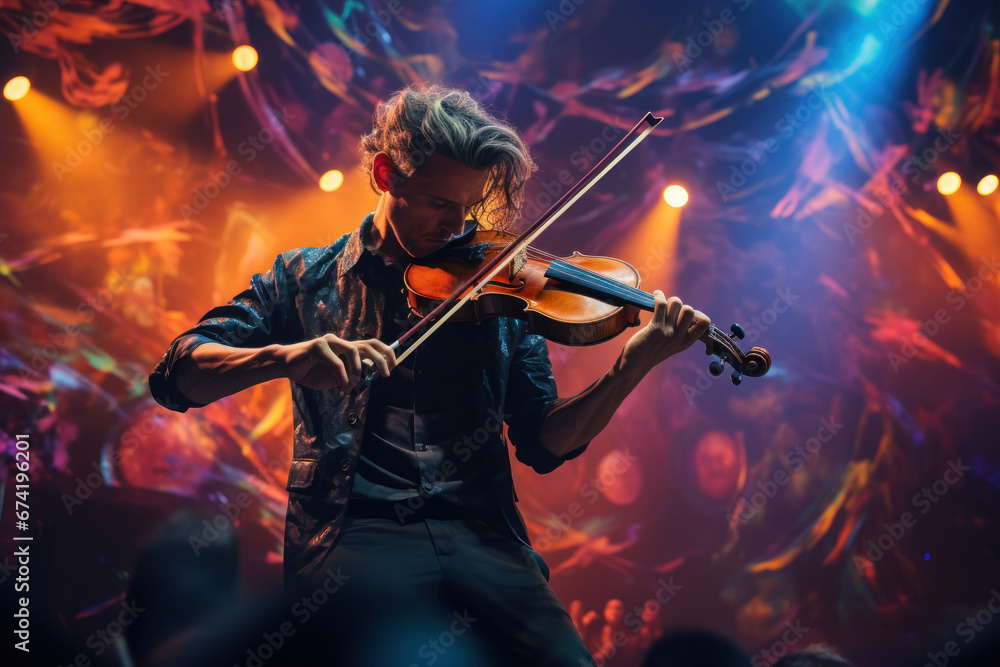 A musician passionately playing a violin on a grand stage, capturing the beauty of live music. Generative Ai.
