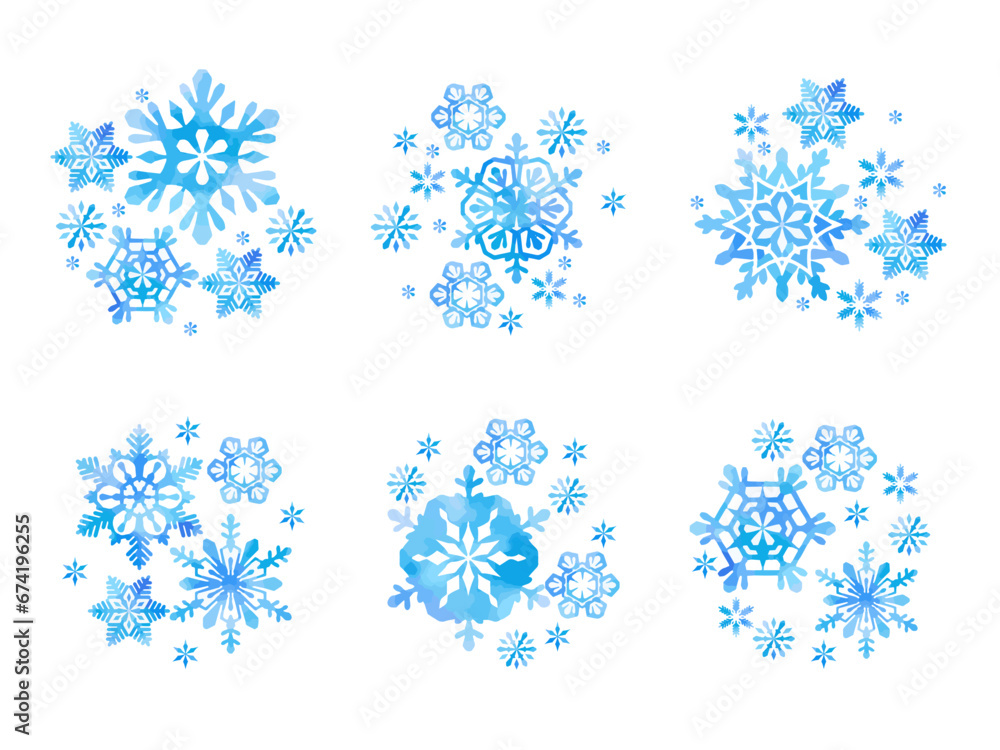 雪の結晶のイラストセット、水彩風、青色、