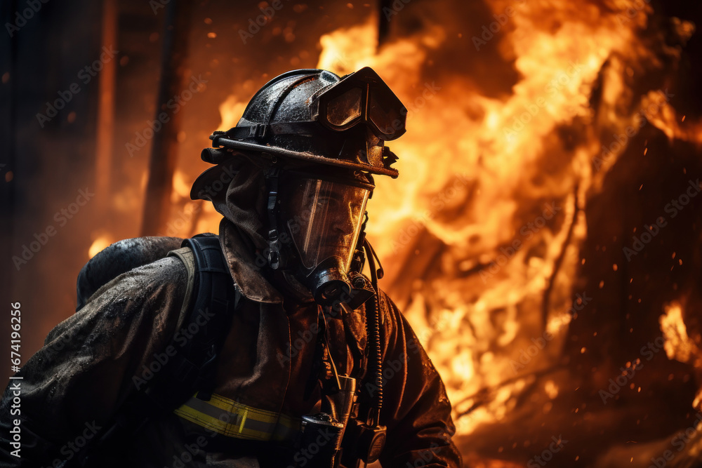 A firefighter in full gear rushing into a burning building to save lives, exemplifying bravery and heroism. Generative Ai. A firefighter in full gear rushing into a burning building to save lives, exemplifying bravery and heroism. Generative Ai.