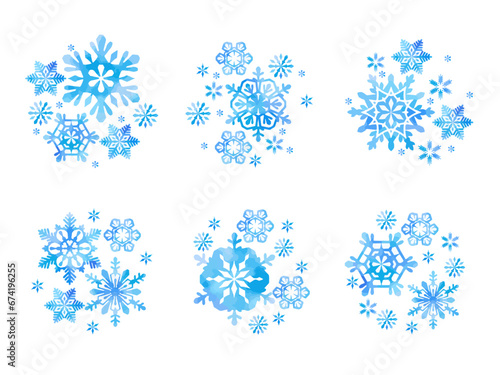 雪の結晶のイラストセット、水彩風、青色、