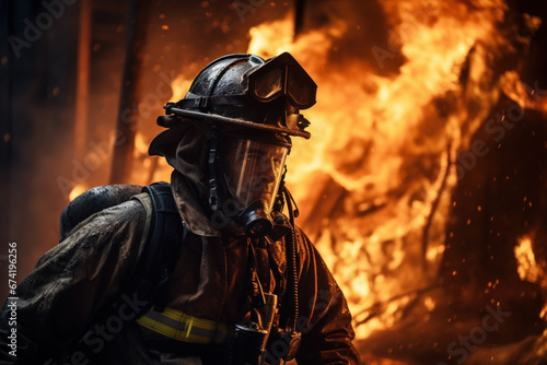 A firefighter in full gear rushing into a burning building to save lives, exemplifying bravery and heroism. Generative Ai.