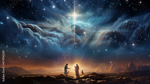 the symbol of the glowing cross in the starry night sky, the biblical story of Christmas, the concept of God, fictional computer graphics photo