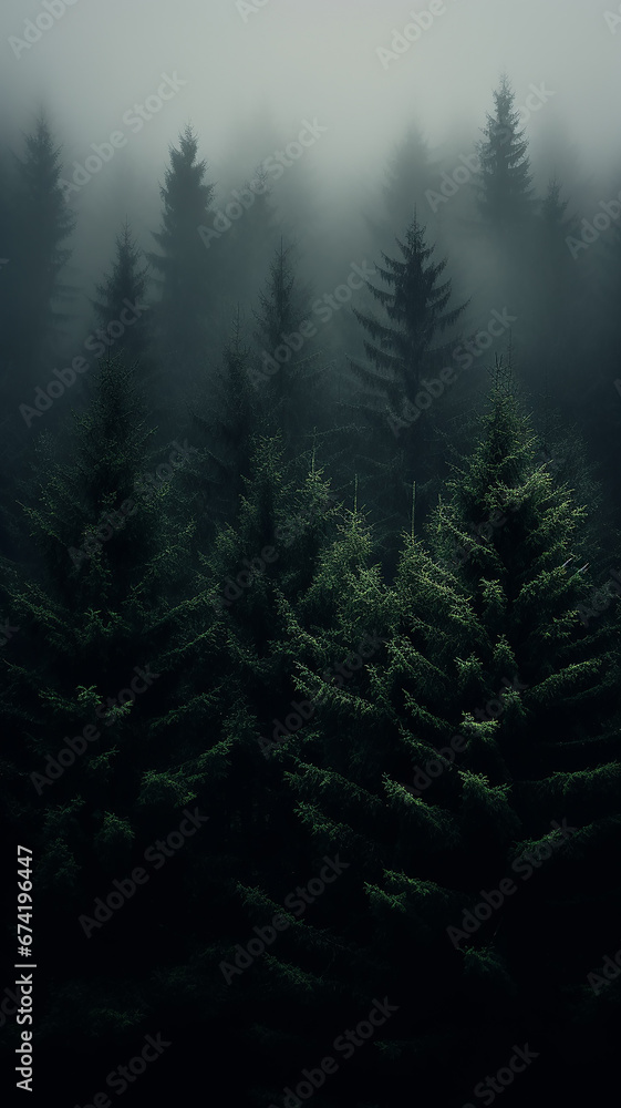 foggy landscape in a coniferous forest, gloomy autumn view twilight cold evening in a mountain forest, vertical panorama of tall trees