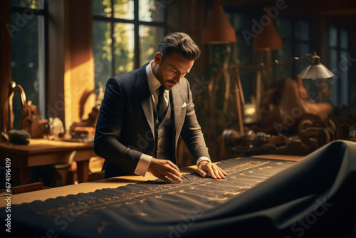 A tailor meticulously crafting a bespoke suit, showcasing craftsmanship and attention to detail. Generative Ai.