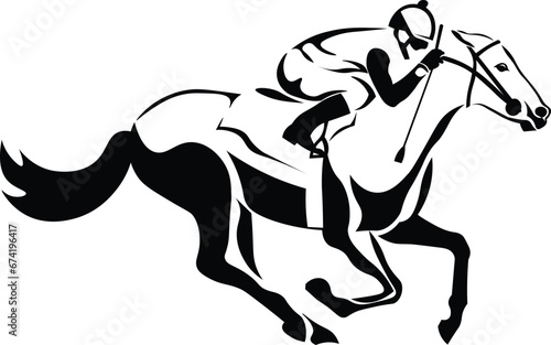 Cartoon Black and White Isolated Illustration Vector Of A Horse Racing Jockey Racing A Horse