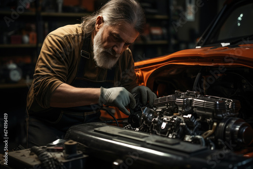 A mechanic repairing a classic car, preserving automotive heritage and craftsmanship. Generative Ai. © Sebastian