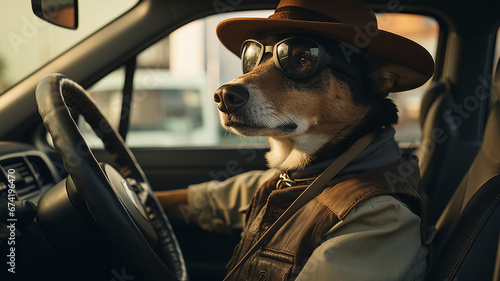 a dog in clothes is driving a car humor joke © kichigin19