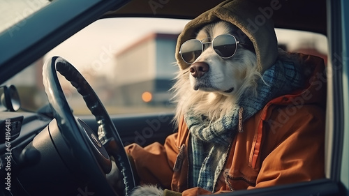 a dog in clothes is driving a car humor joke photo