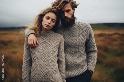 young beautiful couple in identical knitted sweaters photo