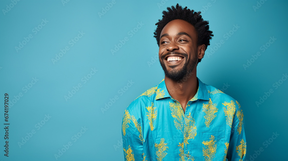 Mann lachend mit guter Laune und positiver Ausstrahlung vor farbigem Hintergrund in 16:9 - obrazy, fototapety, plakaty 