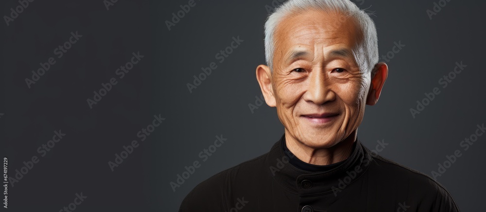 A photograph of an elderly Vietnamese man wearing a happy expression while directing his gaze towards the camera