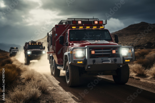 A medical convoy transporting critical supplies to areas hit hardest by a pandemic. Generative Ai. photo