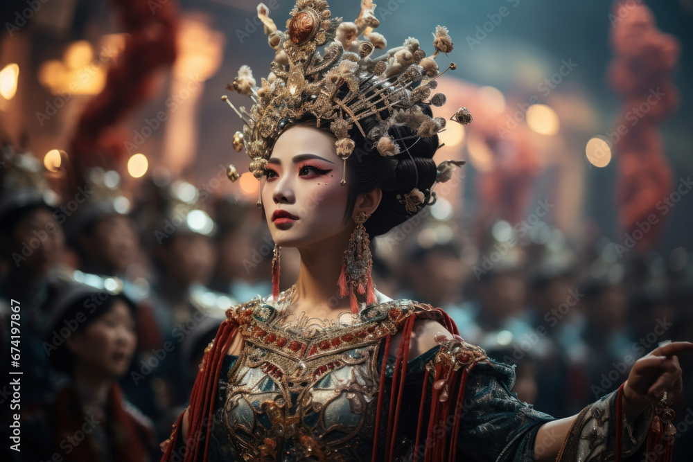 Traditional Chinese opera performers in elaborate costumes, embodying artistic expression and the Concept of theatrical arts. Generative Ai.