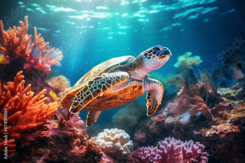 Sea turtles and coral reefs underwater. Environmental protection will regenerate oceans and water and restore ecosystems. Concept for environment and nature protection.