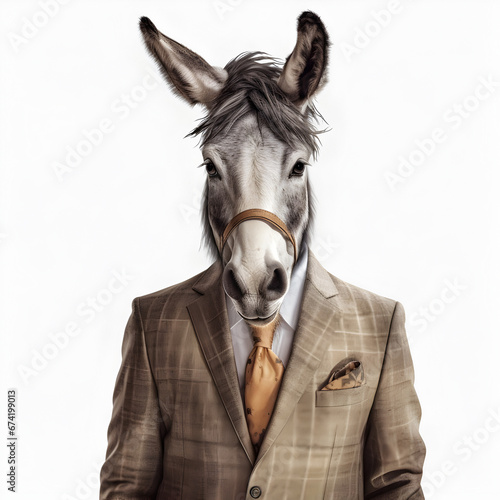 donkeys head suit, animal costume,stylish classic suit, animal head, white background