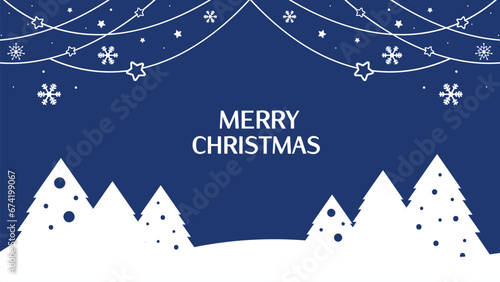 Minimalist christmas greeting card with stylized pine trees, garlands, snowflakes and snowfall. Winter scene on blue background.